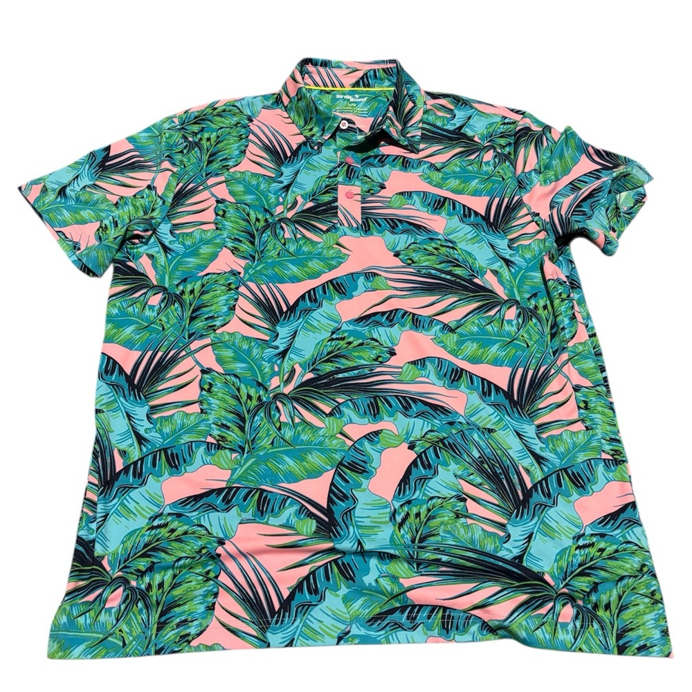 Birdie Bound Men’s Golf Polo Shirt Hawaiian Floral Tropical Design Large